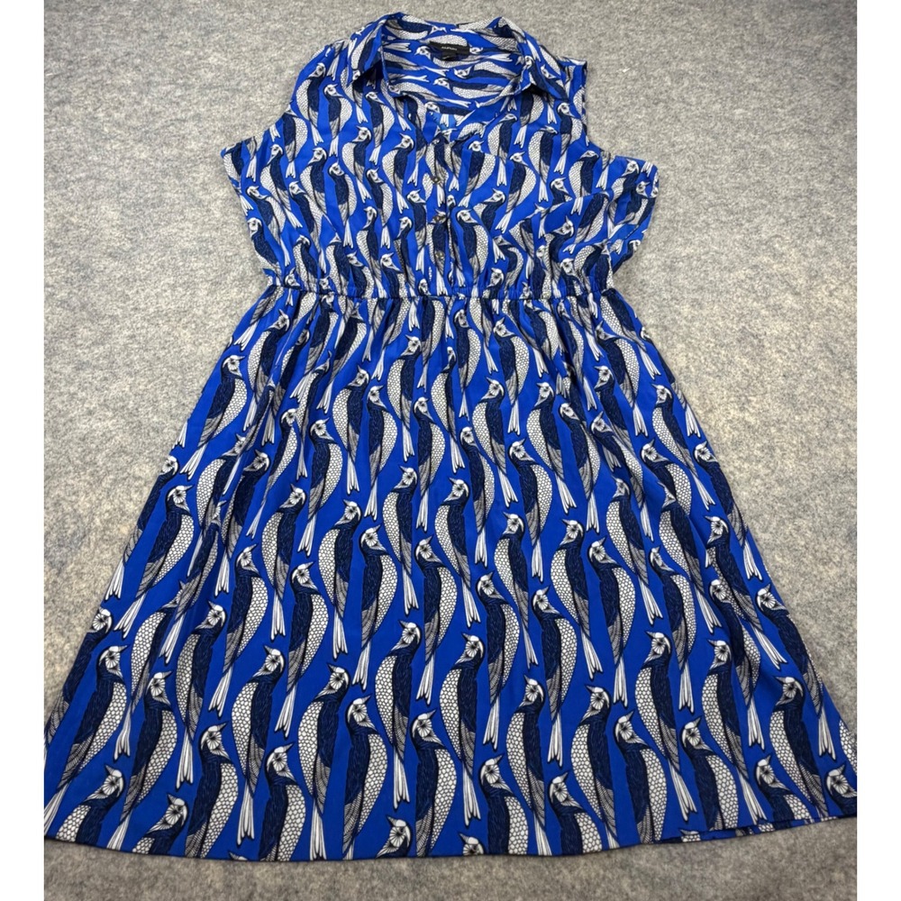 Alfani Blue Bird Print Sleeveless Shirt Dress Elastic Waist Womens L NF7